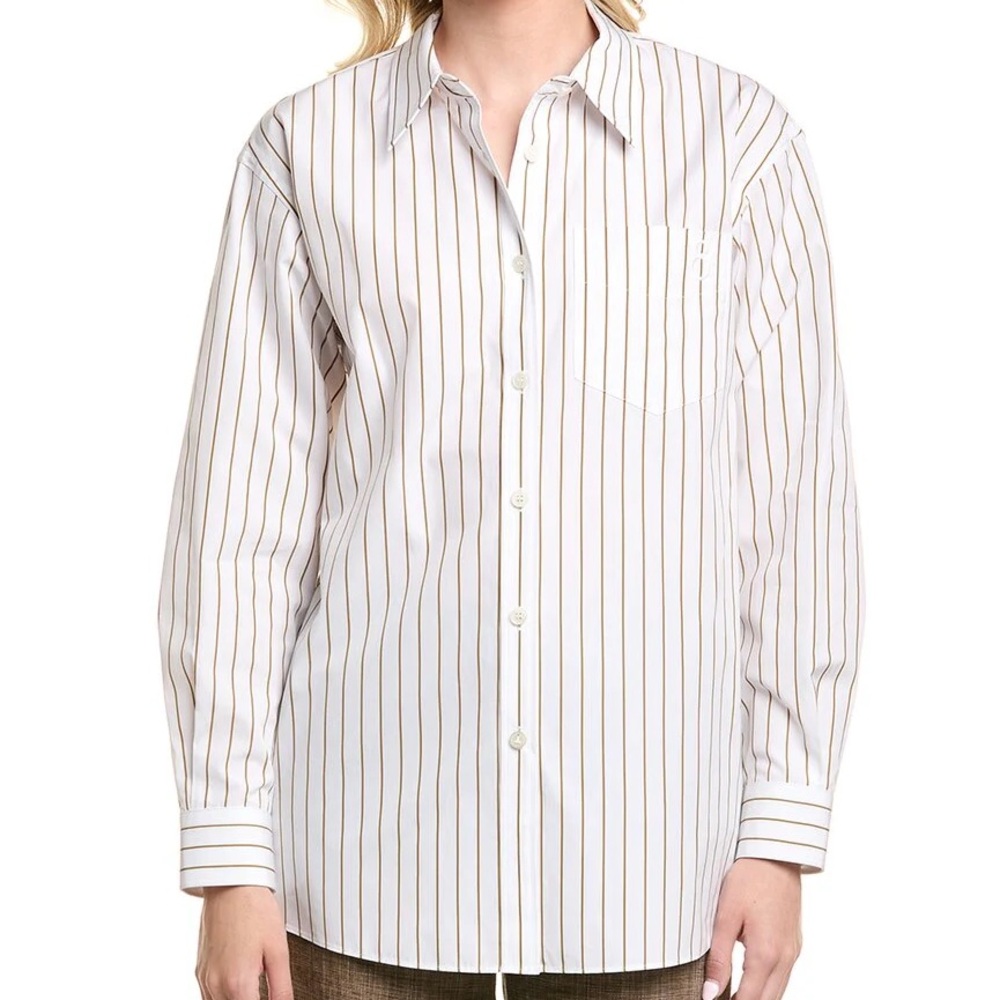 Lafayette 148 New York Poplin White Tan Striped Boyfriend Button Down Shirt SZ L